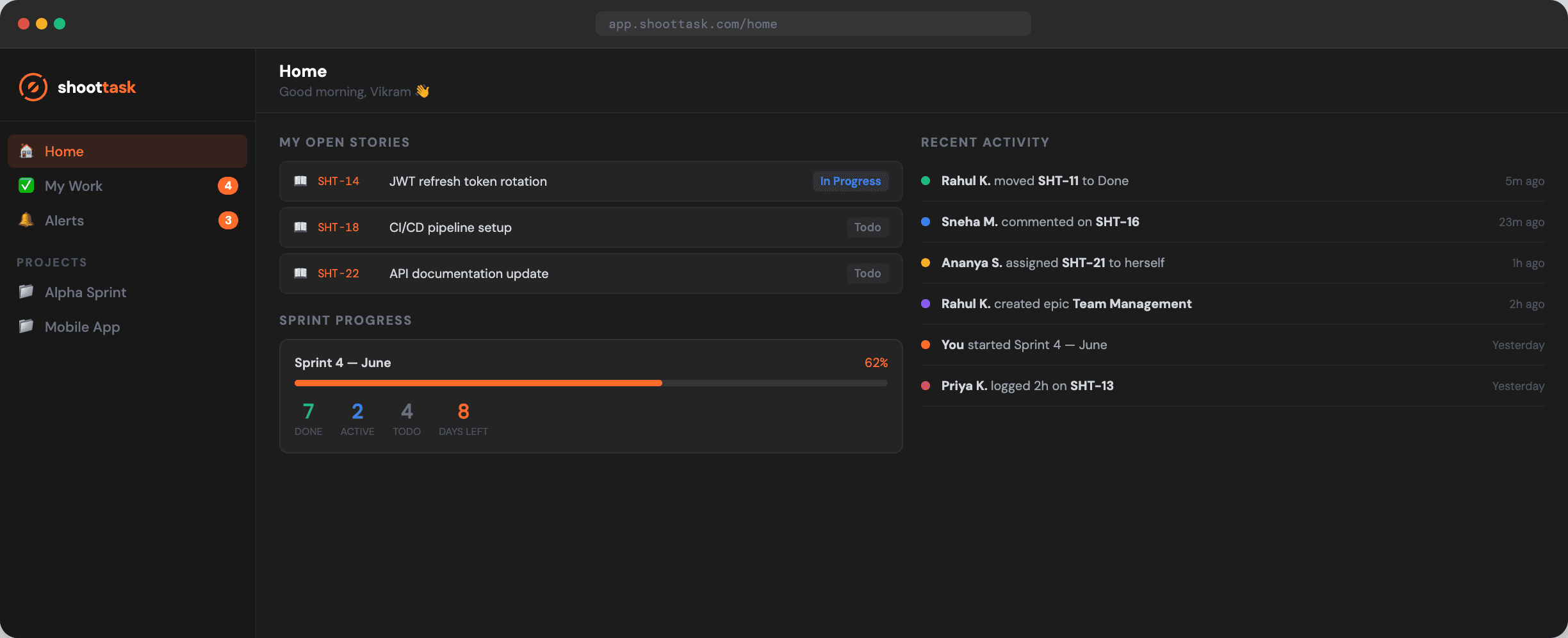 The ShootTask home screen showing My Open Stories with their ticket references and statuses, a sprint progress bar with done, active and todo counts and days remaining, and a recent activity feed of teammate actions.