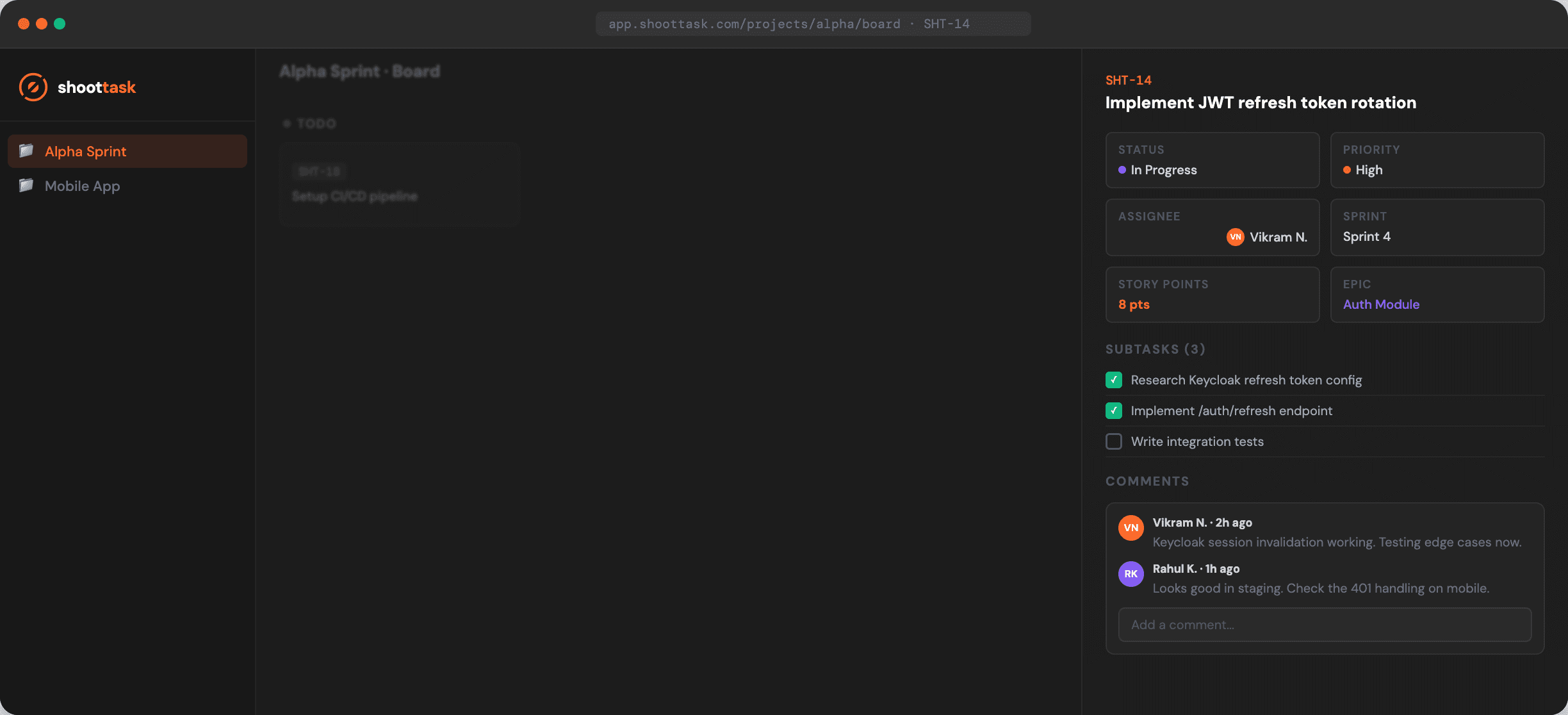 A ShootTask story detail page showing the description, a checklist of acceptance criteria, nested subtasks, and the activity history for the ticket.