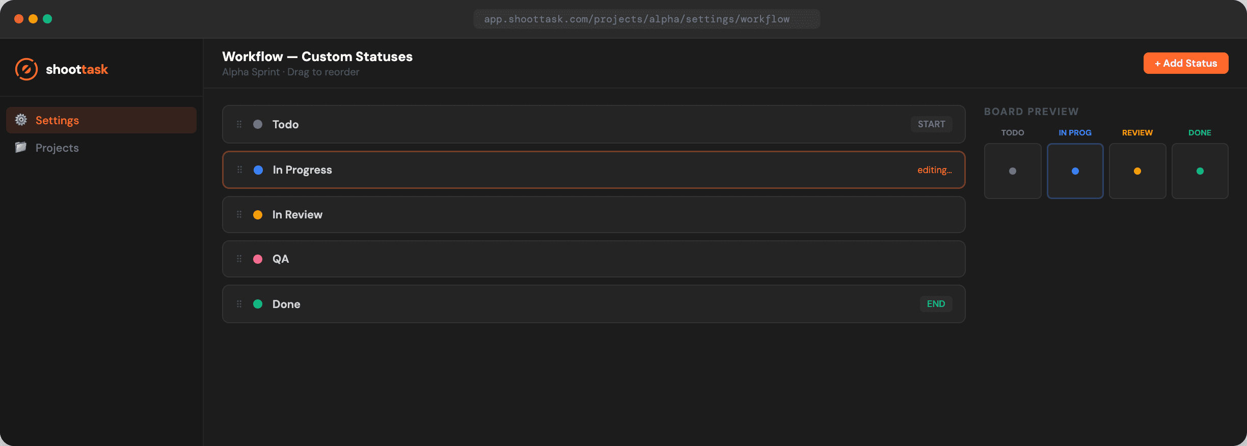 The ShootTask board settings screen showing a reorderable list of custom status columns with colour swatches, alongside a live preview of the resulting board.
